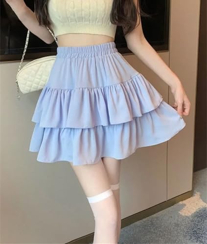 Women's High Waist A-line Skirt Korean Kawaii Cake Style Solid Color Ruffled Spring Skirts All-Match Dress4