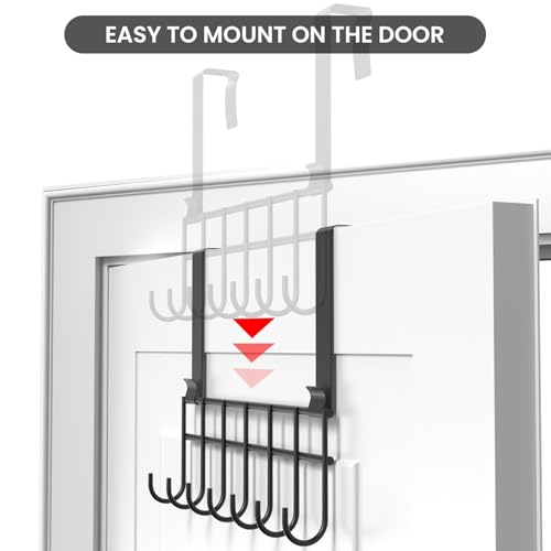 Image of Over The Door Hook Hanger, Hanging Organizer Rack Steel Door Hook | Door Hanging Accessory Black (7 Hooks)