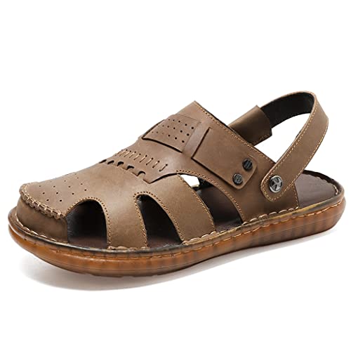 Leather Men Sandals Male Shoes Outdoor Casual Sandals Cowhide Beach Shoes Two Uses Men's Sandals(White-Patch Five-Pointed star4,41 Code)