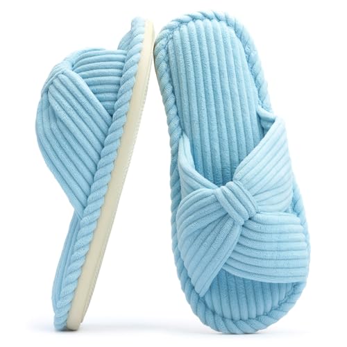 Chantomoo Slippers for Women Memory Foam House Womens Slipper Slides Home Bedroom Bathroom Spa Open Toe Corduroy Slippers Cozy Comfortable Blue Size 8.5 9 9.5 10