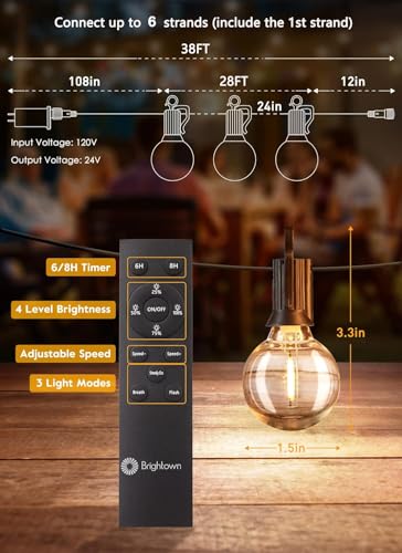 Brightown 38Ft Outdoor String Lights with Remote & 15 Shatterproof LED Bulbs - Waterproof Patio Hanging Lamps for Porch  - Additional View