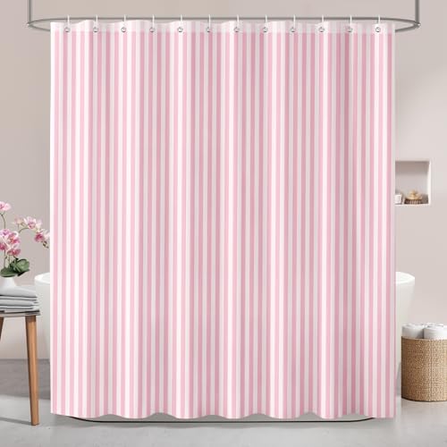 Hopomoon Schlichter rosa Duschvorhang mit vertikalen Streifen & Yin-Yang-Muster, moderner Badezimmervorhang, 180 x 200 cm mit 12 Haken