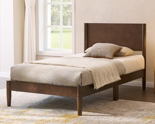 Image of AMERLIFE Solid Wood Twin Bed Frame, Mid Century Modern Platform Bed with Full Panel Headboard, Noise-Free & Cylindrical Legs, No Box Spring Needed, Under-Bed Storage, Dark Walnut