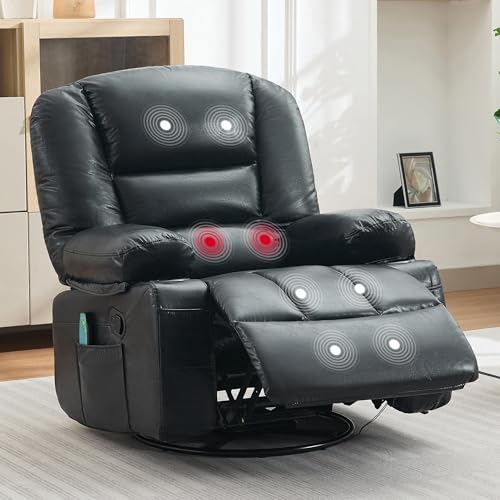 Image of Oversized Manual Swivel Recliner Chair for Adults, 360 Swivel Rocker Glider with Vibration Massage & Heat, Extra Wide Chenille Fabric Lazy Chair for Living Room Bedroom, Black PU