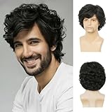Siudus Black Mens Curly Short Wig Side Part Natural Synthetic Fibre Male Guy Hair Wigs for Daily Cosplay Halloween Use