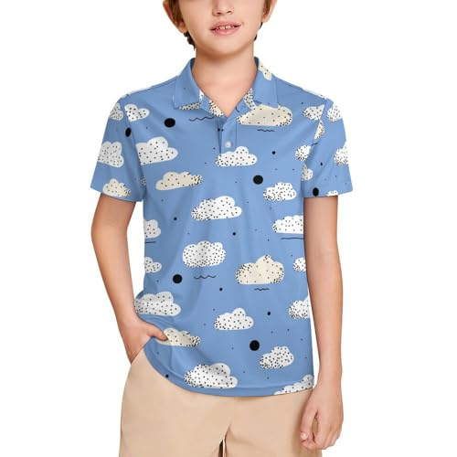 Boys' Classic Polo Shirts Short Sleeve Moisture-Wicking Golf & Tennis Shirts for Youth Teens Adorable White Clouds