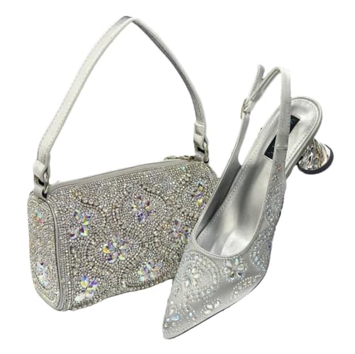 Escarpins de mariage argentés pointus en strass avec pochette assortie taille 39.5
