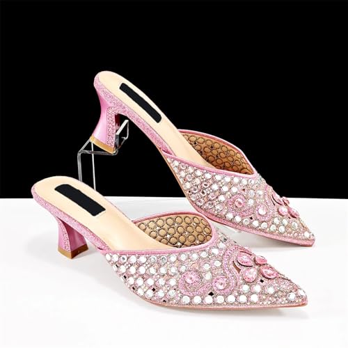 Women's Pink Italian Party Set - Comfortable Low Heel Sandals & Rhinestone Clutch for Casual Events3