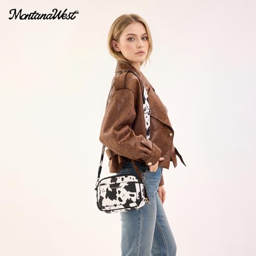 Image of Montana West Crossbody Bags for Women Cow Print Purse Triple Zip Shoulder Handbags with Wide Strap