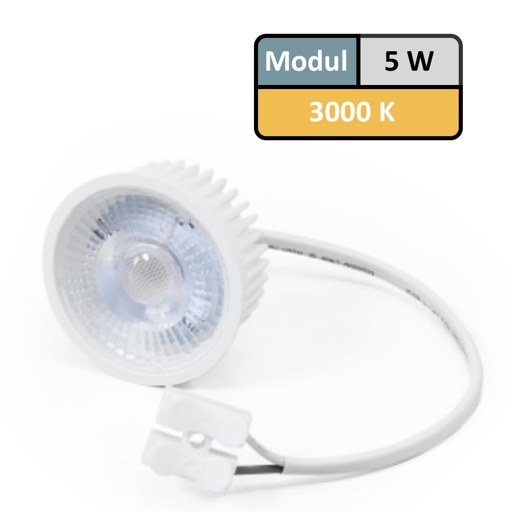 6 x 230V, 5W MCOB LED-Modul. So hell wie eine 50W Halogenlampe, warmweißes Licht mit einer Farbtemperatur von 3000K. Gibt 400lm ab. Flach mit den Abmessungen 50 x 23mm. Lebensdauer 20.000h