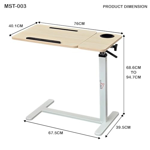 Image of Lukzer MST-003 White Frame Oak Light Tilt Top Overbed Table with Cupholder & Wheels | Adjustable Height Laptop Desk for Bed & Sofa | Rolling Bedside Table for Home, Hospital, Office Use | 40x76x95 cm