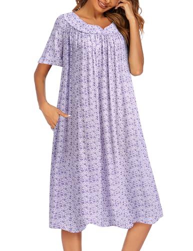 Image of Ekouaer Womens Nightgown Short Sleeve House Dress with Pockets-Floral Print Mumu Dress