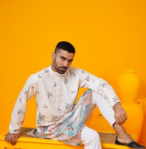 Sojanya (Since 1958 Men'S Cotton Krochet Daman Print Long Kurta2