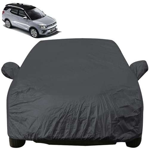 Image of Autofact Car Body Cover with Mirror Pockets Compatible for Mahindra XUV 400 (Triple Stitched, Bottom Fully Elastic, Dark Grey)