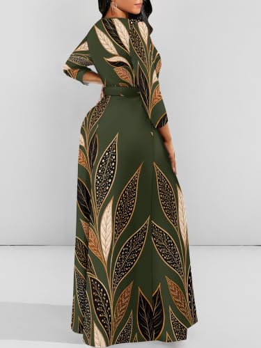 Image of Women Plus Size Long Sleeve V Neck Maxi Dress with Belt | Soft fabric relaxed fit three quarter sleeve v neck with pockets for party and daily wear