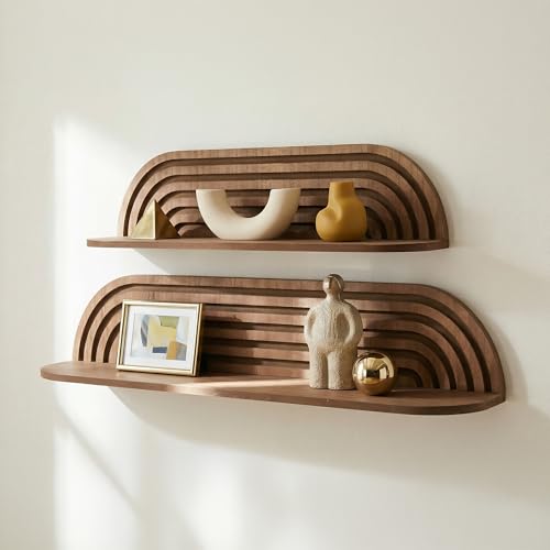 Image of Dark Walnut Floating Wall Shelf Set of 2, Wall Mounted Rustic Farmhouse Solid Wood Shelves - Modern for Bedroom, Bathroom, Living Room, Kitchen Decor & Storage