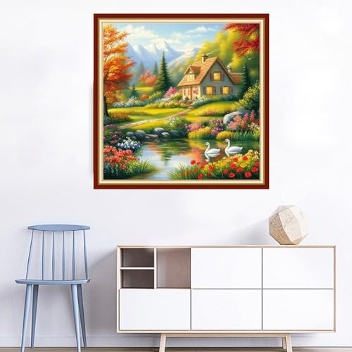 Image of Joyhoor Cross Stitch Kits for Beginners Stamped Cross-Stitch Supplies Needlework preprint Embroidery Kits for Adults DIY Needlepoint Kits Embroidery Patterns 11CT-Dream Home 18x18 inchs