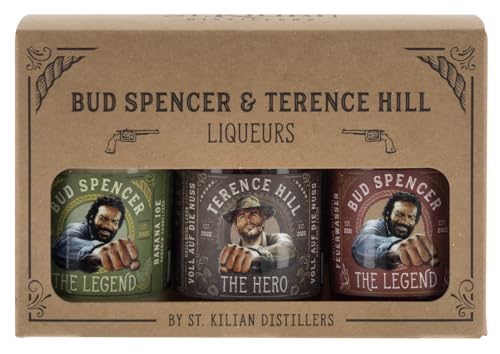 Bud Spencer und Terence Hill Likör Box - [3 x 50ml] - Deutsche Premium Liköre - Likör Geschenk Set - Fanartikel - Liköre Geschenke für Männer - Feuerwasser - Haselnusslikör - Pistazie