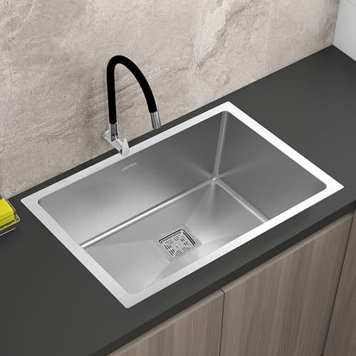 Image of Plantex Premium Stainless Steel Sink for Kitchen /Kitchen Sink with 25 Years Warranty by Plantex /Single Bowl Sink with Square Coupling, Hose Pipes and Drain Rack (Silver Matt - 16x18x9 Inches)