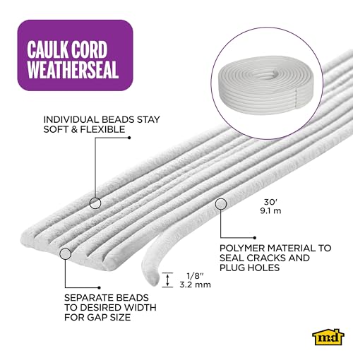 Image of M-D Building Products Replaceable Caulk Cord Weatherseal: Quick and Effective Solution for Sealing Small Gaps, Cracks, and Protecting Against Drafts and Moisture (71505) (White) (30 ft)