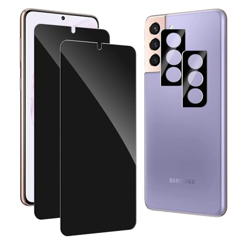 BIGFLYANTS 2 Pack Privacy Screen Protector for Samsung Galaxy S21 Plus with 2 Pack Camera Lens Protector Anti-Spy Tempered Glass Film Full Coverage Anti-Scratch Bubble Free Easy Installation