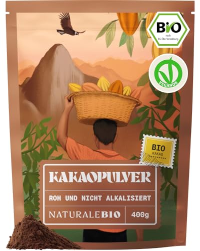 NaturaleBio Kakao Pulver Bio 400g. Organic Cacao Pulver, Roh & Ungesüßt, Ideal für Getränke...