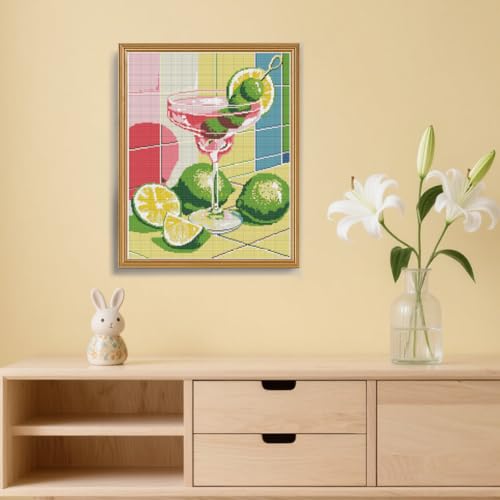 Image of FREEBLOSS 11CT Cocktail Stamped Cross Stitch Kits Full Embroidery Kits with Instruction Cross Stitch Wall Hanging Kit for Needlepoint Adults Wall Art Decoration 16x20in /40x50cm