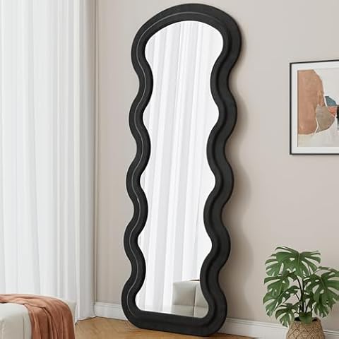 Wekuku Flannel Full Length Wave Floor Mirror – Freestanding Wall Mounted for Bedroom Living Room, Stylish Black Frame – Cover