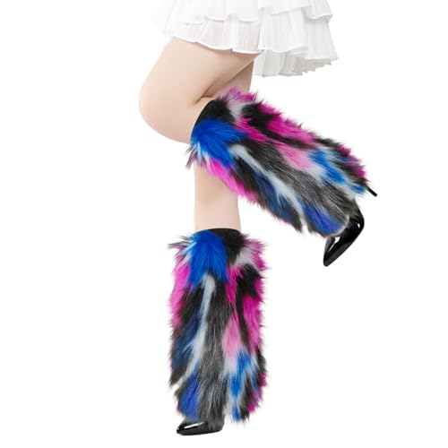 Image of Tie Dye Women Furry Leg Warmers Faux Fur Boot Covers Fluffies Cuffs, 15.7 inch Tall