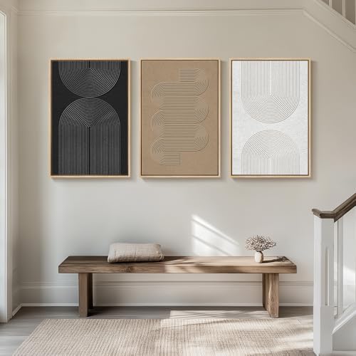 Large Framed Boho Modern Neutral Abstract Wall Art for Living Room, 3 Piece Black and White Canvas Prints Paintings Artwork for Walls, Geometric Pictures for Office Bedroom Dining Room Decor, 24x36 In - 2