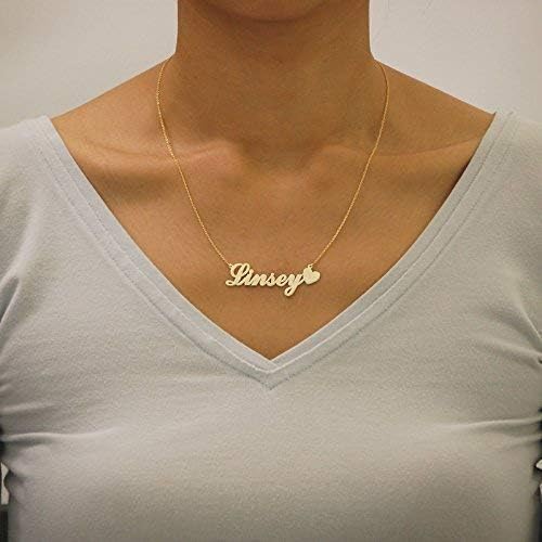 Solid 14k Gold Name Necklace Script Font Personalized Heart Nameplate Chain