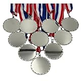 10 Pack of 2-1/4 inch Diameter Die-Cast Metal Shiny Silver DIY Blank Insert Medals and Attached Red White and Blue Neck Ribbons.