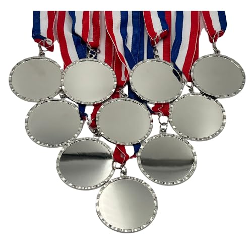 10 Pack of 2-1/4 inch Diameter Die-Cast Metal Shiny Silver DIY Blank Insert Medals and Attached Red White and Blue Neck Ribbons.