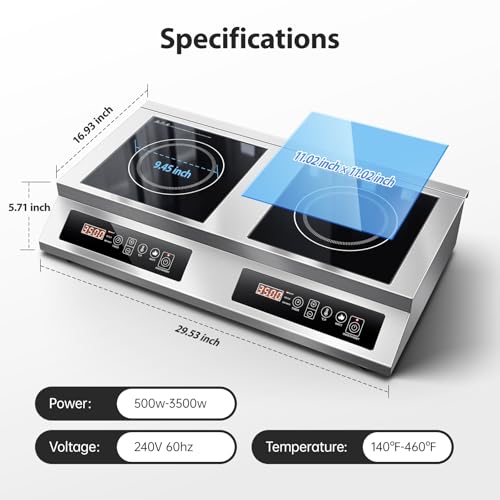 Image of Commercial Double Induction Cooktop 7000W, Dual Burner Countertop Stove with 10 Temperature & Power Levels, 4-Hour Timer,100% Copper Coil, Fit All Cookware for Home Kitchen Restaurant Catering