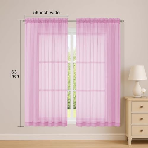 Image of OWENIE Sheer Pink Curtains, Sheer Curtains 63 inch Length 2 Panels Set, Rod Pocket Voile Fimly Sheer Drapes for Living Room Bedroom, 2pcs, Pink, Each 59 inch W x 63 inch L