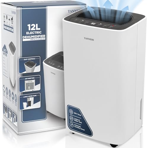 Tanness 12L Dehumidifier for Home with Digital Humidity Display Sleep Mode Continuous Drainage - Perfect for Drying Clothes Bedroom Basement 24H Timer Quiet Operation