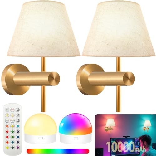 Image of Battery Operated Wall Sconce Set of 2, Gold Rechargeable Wall Lights with 10000mAh Dimmable Bulbs RGB Wireless Wall Lamps with Remote, 15 Colors for Bedroom Living Room Hallway Wall Decor