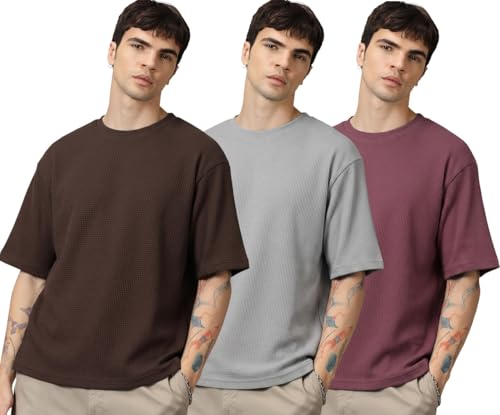 Image of RodZen Oversized Baggy Fit Half Sleeves Round Neck Solid Cotton Blend Combo T-Shirt for Men (Pack of 3)
