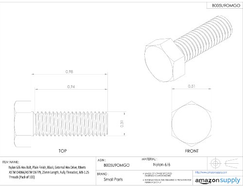 Image of Nylon 6 /6 Hex Bolt, Plain Finish, Black, External Hex Drive, Meets ASTM D4066 /ASTM D6779, 25mm Length, Fully Threaded, M8-1.25 Metric Coarse Threads (Pack of 100)