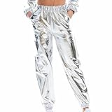 BZGTZT Women's Shiny Metallic High Waist Stretchy Jogger Pants, Wet Look Hip Hop Club Wear Holographic Trousers Sweatpant