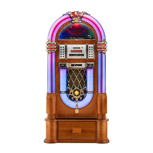 Roxby Retro Full Size Jukebox Cd Player with Bluetooth Stereo Record Player Radio USB Aux Port Sd Card Slot and Remote Control Juke Box Multicolored Lighting and External Adapter with A Wooden Stand