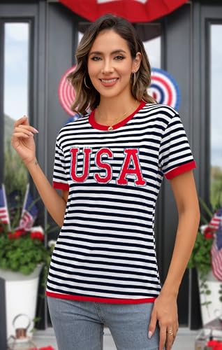 Image of Ithalt Women 4th of July Shirt Fourth of July Shirts USA Sequin Tshirt American Patriotic T-Shirt Stripes Tee Tops