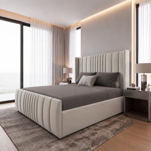 Image of EΣ EΛΛAΣ Mikonos Single Bed Frame 3FT, Luxury Plush Velvet Upholstered Bed, Modern Panelled Design, Solid Wooden Frame for Bedroom in Silver Plush
