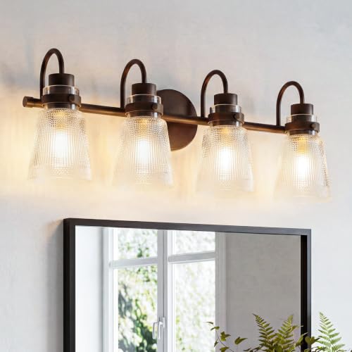 Image of Vintage Farmhouse Vanity Wall Sconce Lighting, 4-Light Oil Rubbed Bronze Bathroom Vanity Light Over Mirror with Clear Striped Glass Shade, 25.7 inch Retro Wall Lamp for Bedroom Living Room