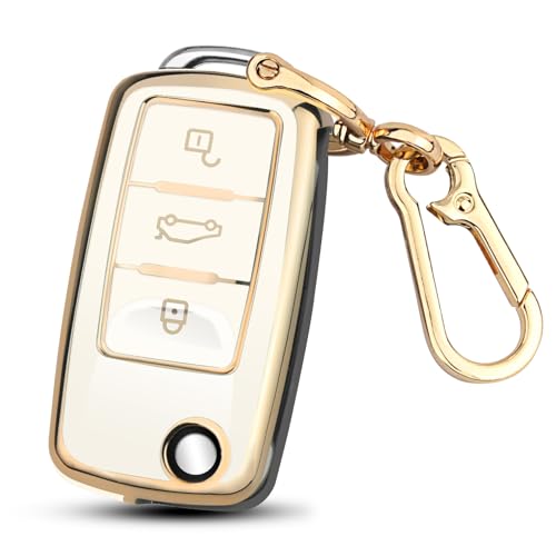 FT FUNTOR for VW Key Fob Cover TPU Key Fob Case Shell Protector keychain for Beetle Golf Passat GTI Jetta Tiguan accessories(Gold Edge White)