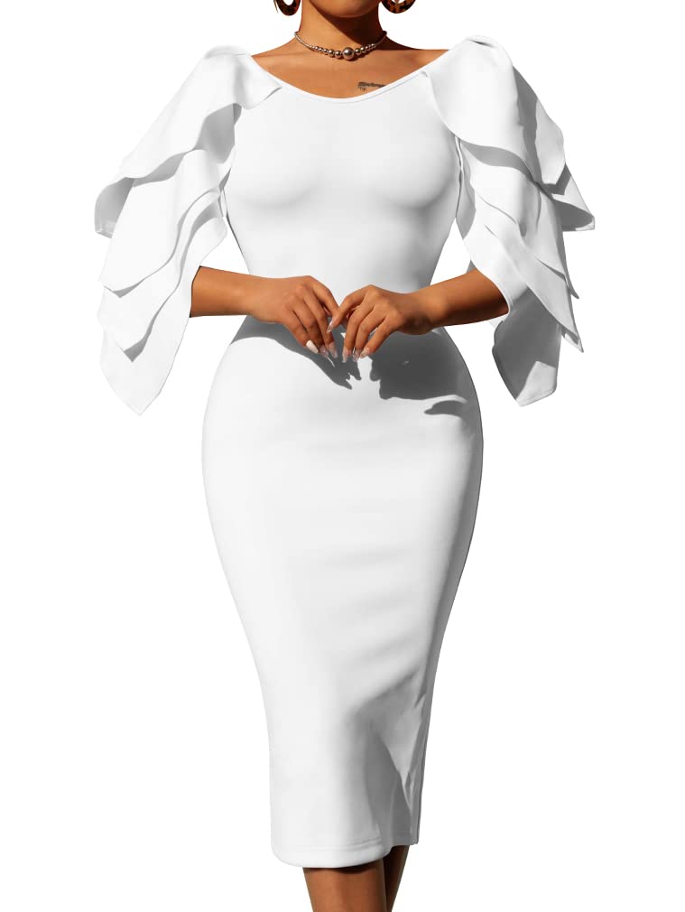 Women's Elegant Ruffle Off The Shoulder Zipper Empire Midi Cocktail Dress