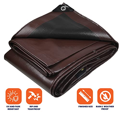 Tarpco Safety Extra Heavy Duty 14 Mil Tarp Cover, Waterproof, UV Resistant, Rip and Tear Proof, Poly Tarpaulin with Reinforced Edges for Roof, Camping, Patio, Pool, Boat (Brown/Black 6′ X 8′)