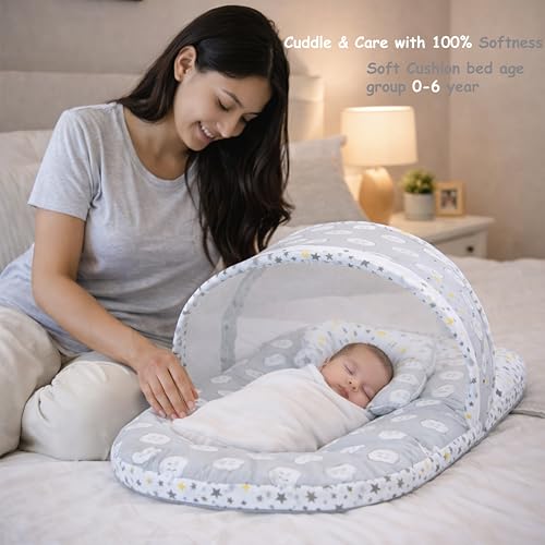 Image of Fareto Combo of Baby Bed with Net | Carry Bag | 4 Pcs Bedding Set (0-6 Months, Baby Size, Cotton) (Ship Grey)
