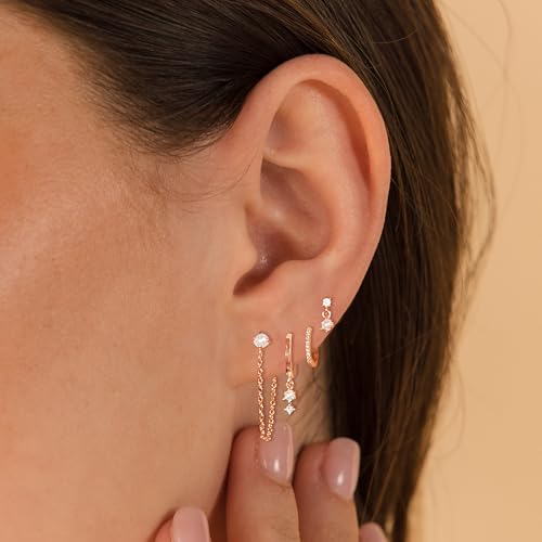 Image of Gold Plated Earrings for Women, 14k Gold Plated Earring Stack Hypoallergenic Pearl Drop Earring Dainty Earrings for Women Trendy Cute Small Huggie Hoop Earring Fashion Womens Jewelry