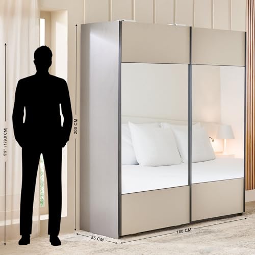 Image of Home Centre | Tiffany 2-Door Sliding Wardrobe with Mirror- Grey | Full Length Mirror for Home | Engineered Wood | Grey | 1 Year Warranty